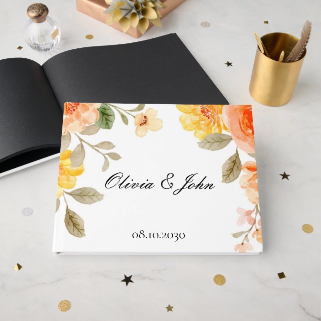 LIBRO DE VISITAS ORANGE FLORAL BOTANICAL BRIDAL SHOWER WEDDING (Anverso Abierto)