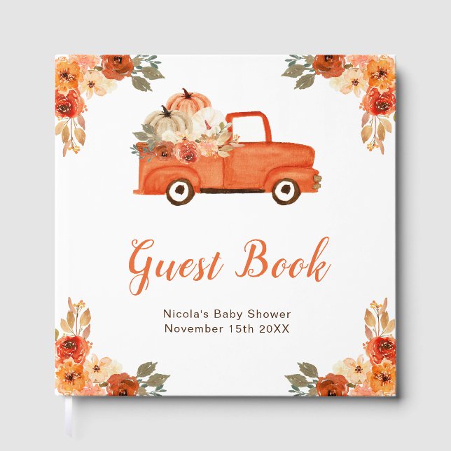 Libro De Visitas Orange Floral Pumpkin Truck Baby Shower Guest Book (Anverso)