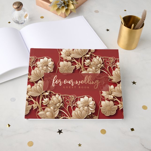 Libro De Visitas Oriental Art Deco Florals | Custom Foil Wedding (Anverso Abierto)