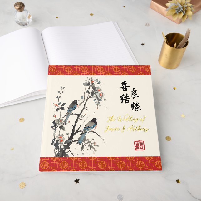 Libro De Visitas Oriental Flowers birds modern Chinese wedding  (Anverso Abierto)