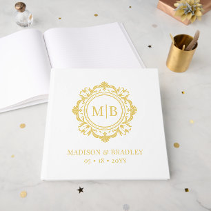 Libro De Visitas Ornate Floral Monograma Boda Elegante Oro Blanco