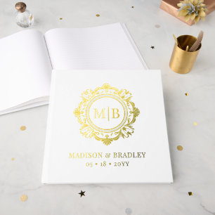 Libro De Visitas Ornate Floral Monograma Boda Elegante Oro Blanco
