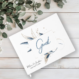 Libro De Visitas Oro Azul Floral Moderno Elegante