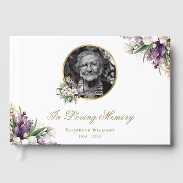 Libro De Visitas Oro Blanco Floral Morado Foto Funeral Memorial