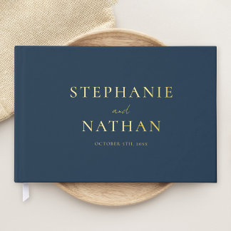 Libro De Visitas Oro Boda Minimalista azul de la Marina moderna