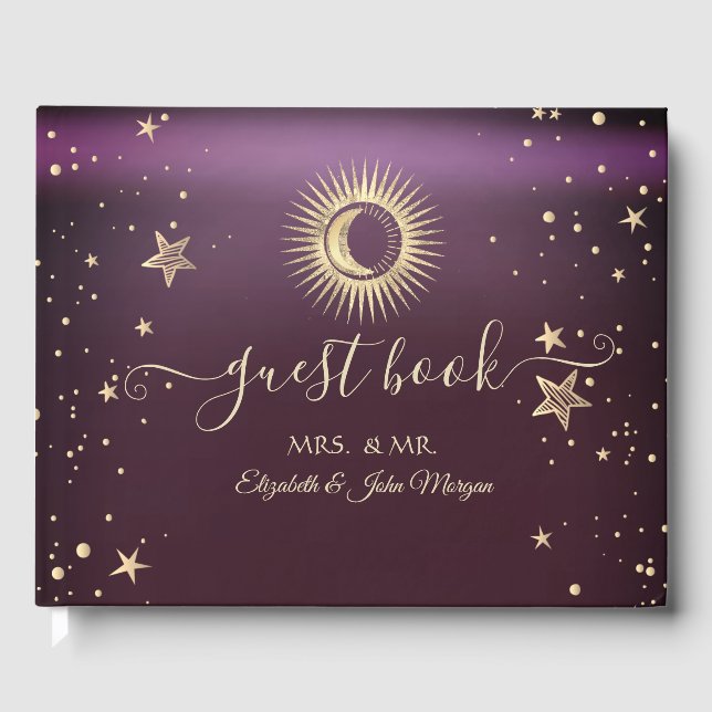 Libro De Visitas Oro Celestial Sol Y Luna Estrellas Burdeos (Anverso)