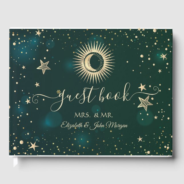 Libro De Visitas Oro Celestial Sol Y Luna Estrellas Verde (Anverso)