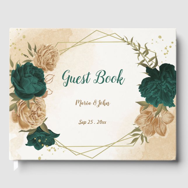 Libro De Visitas Oro dorado beige esmeralda botánico (Anverso)