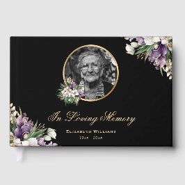 Libro De Visitas Oro Negro Floral Morado Foto Funeral Memorial