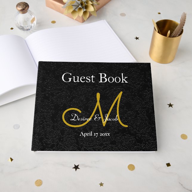 Libro De Visitas Oro Negro Recepción de Boda Monograma Blanco (Anverso Abierto)