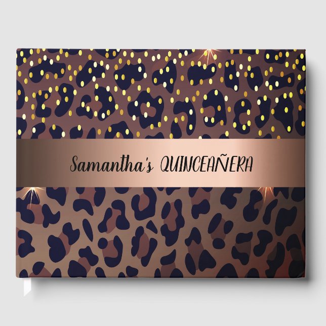 Libro De Visitas Oro rosa de estampado de leopardo de Quinceanera (Anverso)