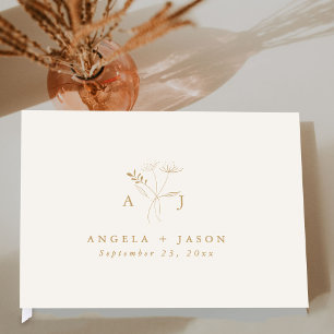 Libro De Visitas Oro simple y beige   Boda de Monograma Botánico