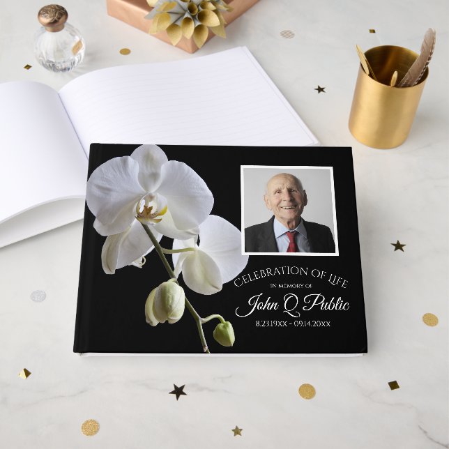 Libro De Visitas Orquídea blanca en conmemoración negra de la vida (Anverso Abierto)