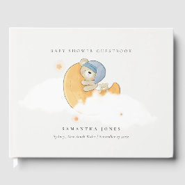 Libro De Visitas Oso azul somnoliento sobre Moon Boy Baby Shower