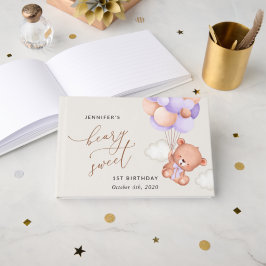 Libro De Visitas Oso Bebé, Globos Púrpura, Primer Cumpleaños