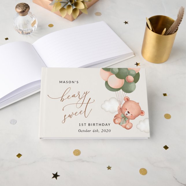 Libro De Visitas Oso bebé, globos verdes, primer cumpleaños (Anverso Abierto)