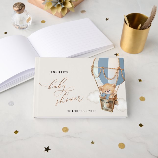 Libro De Visitas Oso de peluche, globo de aire caliente azul, Baby  (Anverso Abierto)