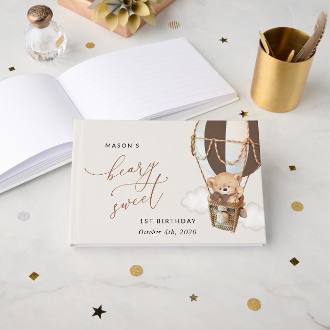 Libro De Visitas Oso de peluche, globo de aire caliente marrón, pri (Anverso Abierto)