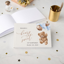 Libro De Visitas Oso de peluche, globos azules, primer cumpleaños