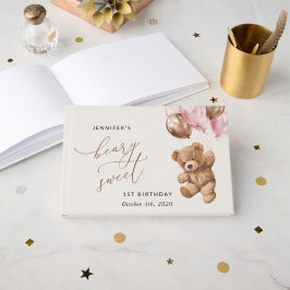 Libro De Visitas Oso de peluche, globos rosados, primer cumpleaños
