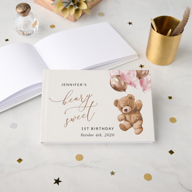 Libro De Visitas Oso de peluche, globos rosados, primer cumpleaños (Anverso Abierto)