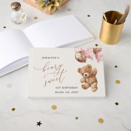 Libro De Visitas Oso de peluche, globos rosados, primer cumpleaños