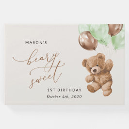 Libro De Visitas Oso de peluche, globos verdes, primer cumpleaños