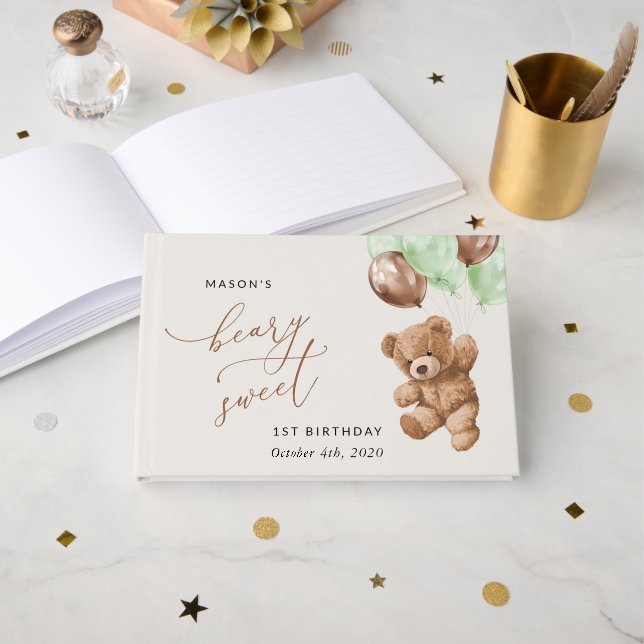 Libro De Visitas Oso de peluche, globos verdes, primer cumpleaños (Anverso Abierto)