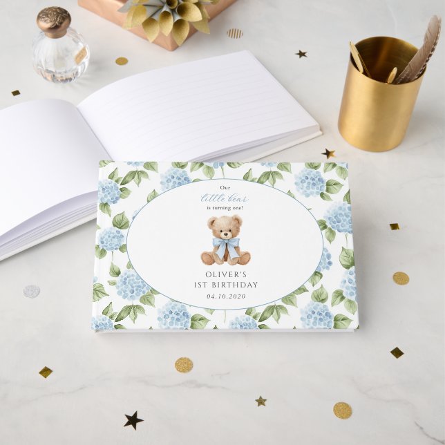 Libro De Visitas Oso de peluche, lazo azul, flores azules, primer c (Anverso Abierto)