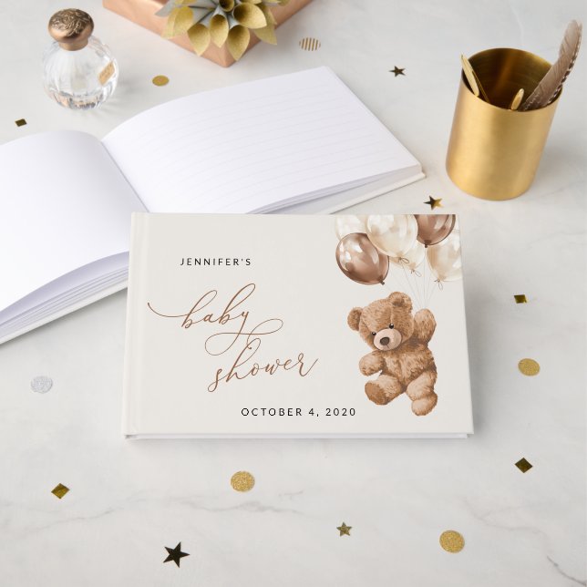 Libro De Visitas Oso de peluche, oso de bebé, globos pardos, Baby S (Anverso Abierto)