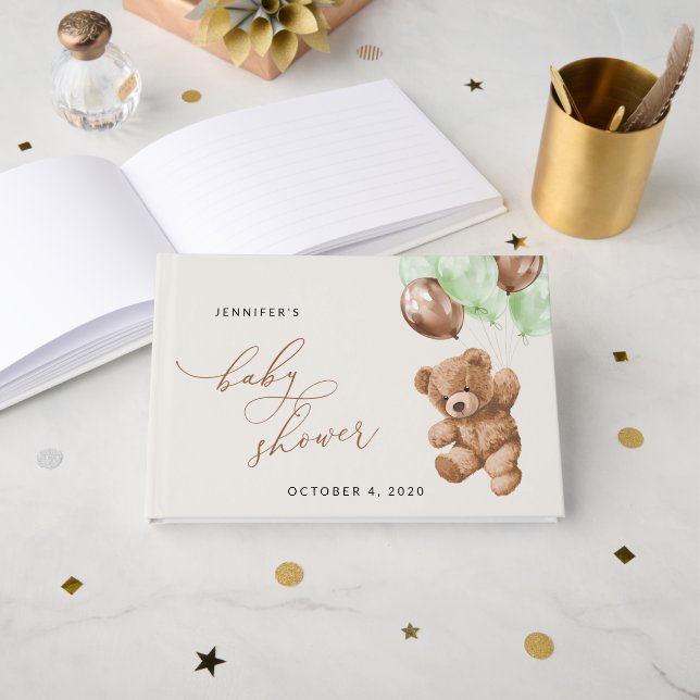 Libro De Visitas Oso de peluche, Oso de bebé, Globos verdes, Baby S (Anverso Abierto)