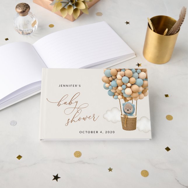 Libro De Visitas Oso, globos azules, globo de aire caliente, Baby S (Anverso Abierto)