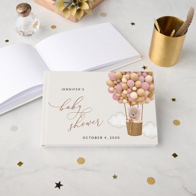 Libro De Visitas Oso, globos rosados, globo de aire caliente, Baby  (Anverso Abierto)