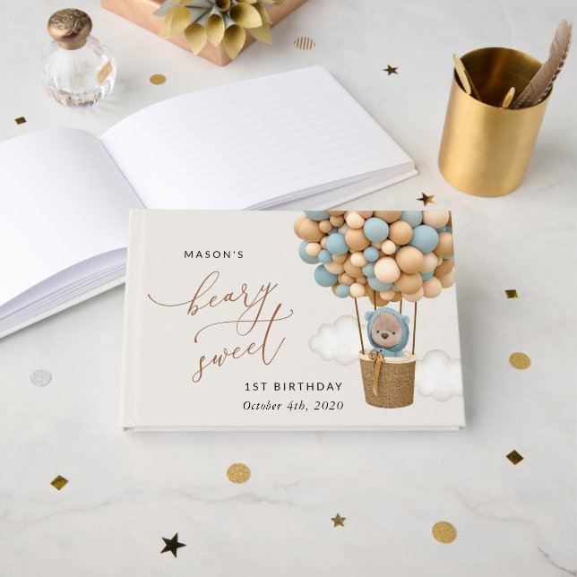 Libro De Visitas Oso lindo, globos azules, primer cumpleaños (Anverso Abierto)