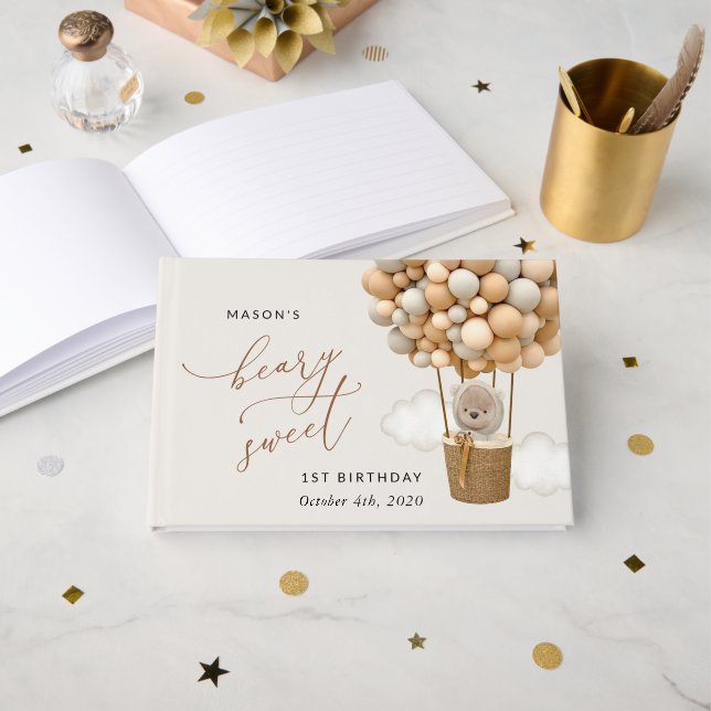 Libro De Visitas Oso lindo, globos beige, primer cumpleaños (Anverso Abierto)