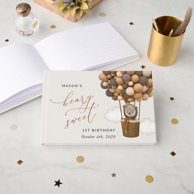 Libro De Visitas Oso lindo, globos marrones, primer cumpleaños (Anverso Abierto)