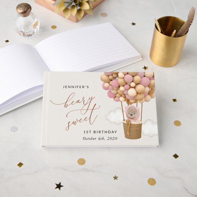 Libro De Visitas Oso lindo, globos rosados, primer cumpleaños (Anverso Abierto)