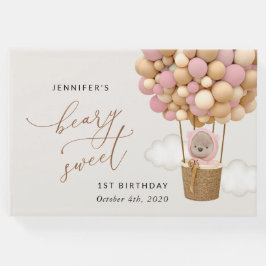 Libro De Visitas Oso lindo, globos rosados, primer cumpleaños