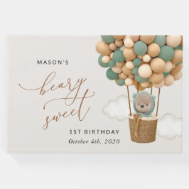 Libro De Visitas Oso lindo, globos verdes, primer cumpleaños