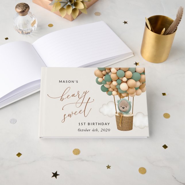 Libro De Visitas Oso lindo, globos verdes, primer cumpleaños (Anverso Abierto)