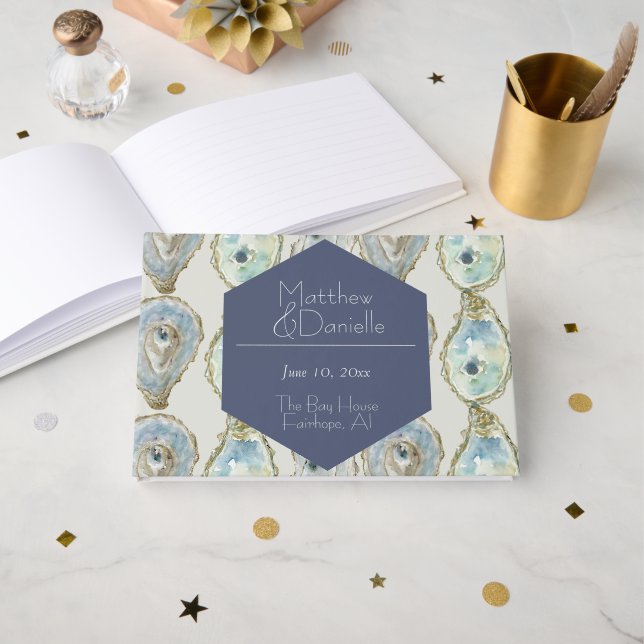 Libro De Visitas Ostras Acuarela Boda - Azul (Anverso Abierto)