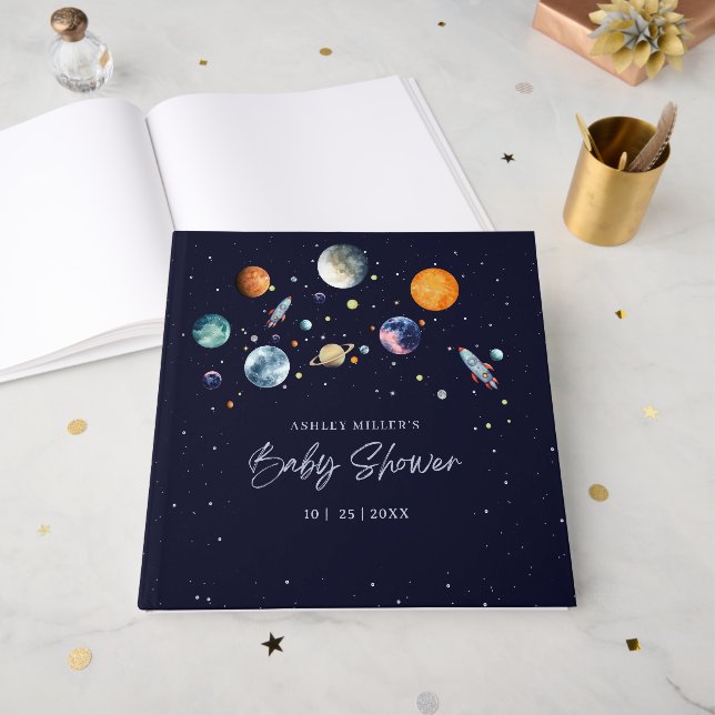 Libro De Visitas Over The Moon Boy Baby Shower Party Space Galaxy (Anverso Abierto)