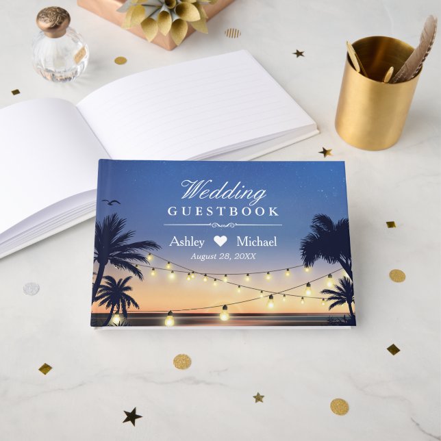 Libro De Visitas Palm Beach String Lights Destination Wedding (Anverso Abierto)