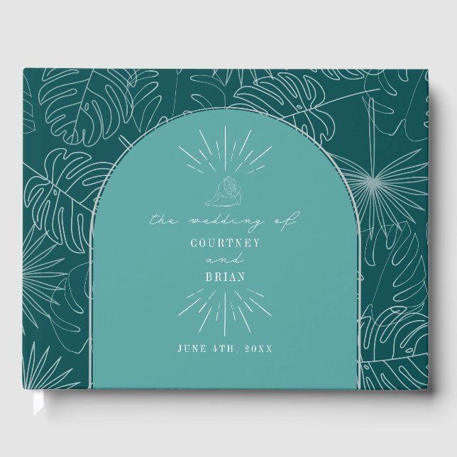 Libro De Visitas Palm Leaves Seashell Boda Verde azulada en la play (Anverso)