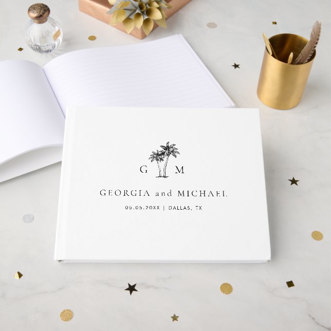 Libro De Visitas Palm Tree Monogram Elegant Beach Wedding (Anverso Abierto)