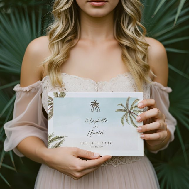 Libro De Visitas Palm Trees acuarelas tropicales Boda Monograma (Tropical Watercolor Palm Trees Wedding Monogram Guest Book)