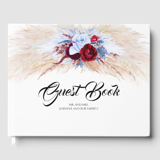Libro De Visitas Pampas Grass Burgundy Red and Dusty Blue Boda (Anverso)