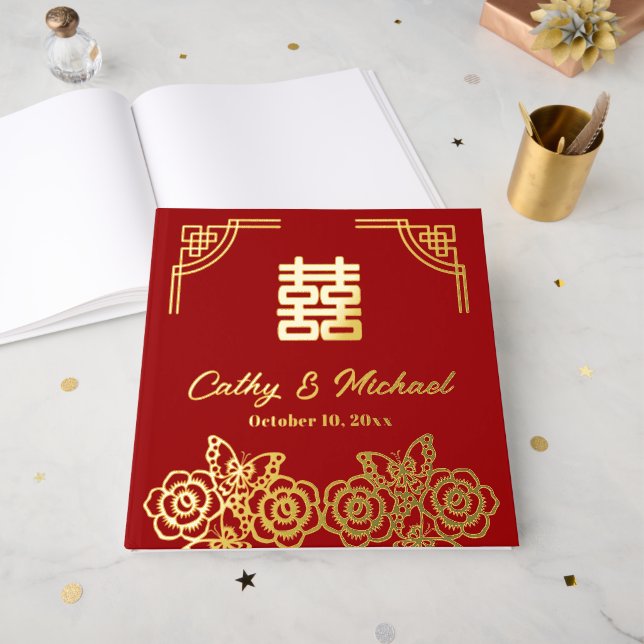 Libro De Visitas Papel boda de mariposas de peones chinos (Anverso Abierto)