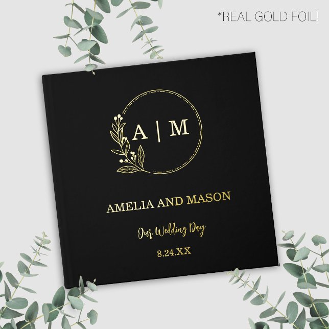 Libro de visitas para Bodas en monograma negro y R (Black and gold real foil with floral monogram simple modern elegant)