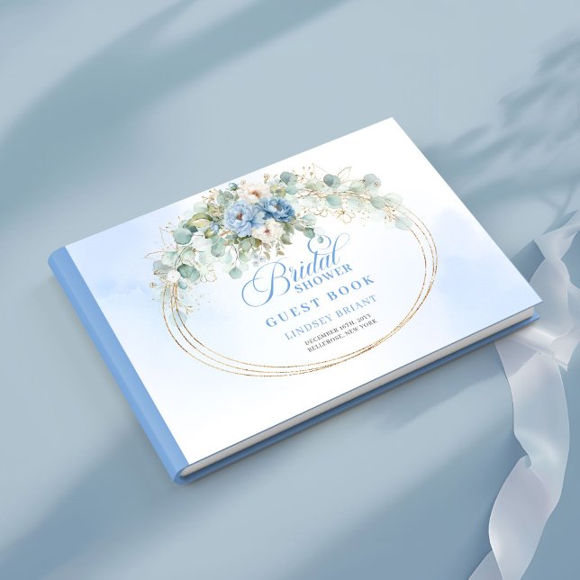 Libro de visitas para fiesta de novia con peonías  (Chic Pastel Blue Peonies Bridal Shower Guest Book Set

)